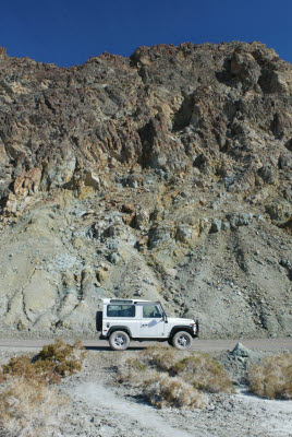 Defender near Mormon Point, Death Valley