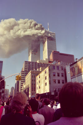 Both towers burning from Church and Chambers