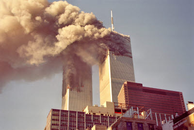 Both towers burning from Church and Chambers