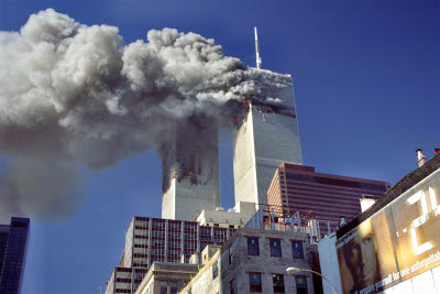 Both towers burning from Church and Chambers