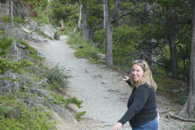 Jodi points out deer on path