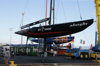Putting boats in the water at Americas Cup Village