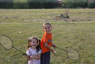 Danny and Mattie playing Badminton