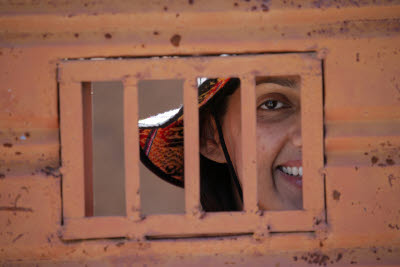 Amynah behind a gate, Raqchi, Peru