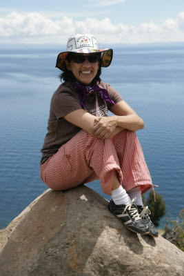 Amynah towering over lake Titicaca, Peru