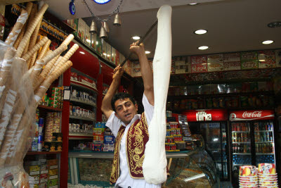 Turkish Ice Cream Vendor putting on a show